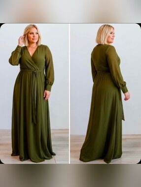 Baltic Born Lydia Olive Green Chiffon Maxi Long Sleeve Dress NWT Size 3X Formal